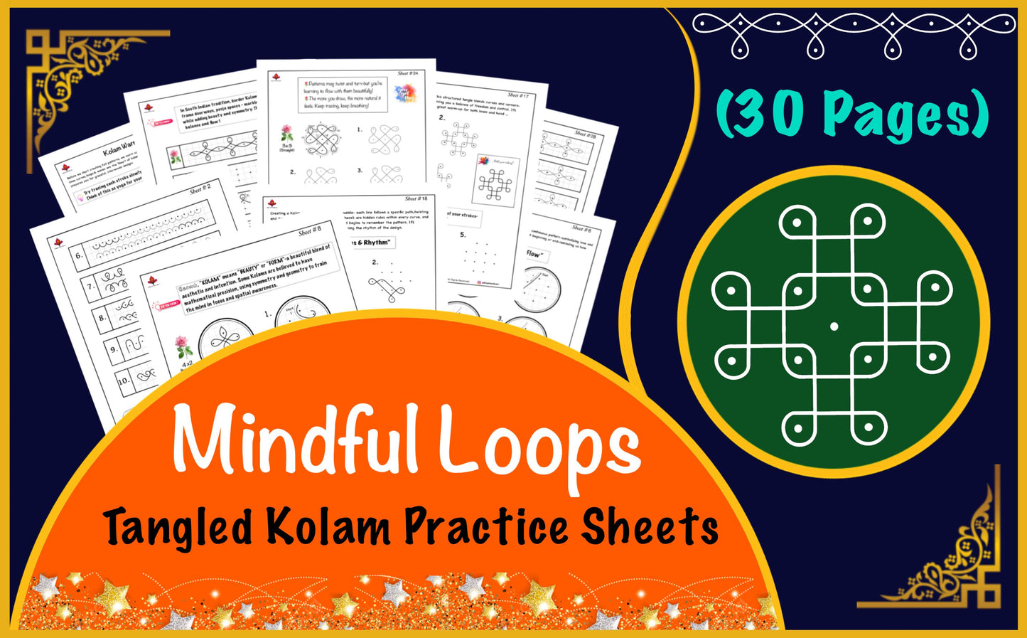 Mindful Loops, Tangled Kolam Practice Templates, Unlock Calm & Creativity with Art (Digital Download), Printable Worksheets, Coloring Sheets