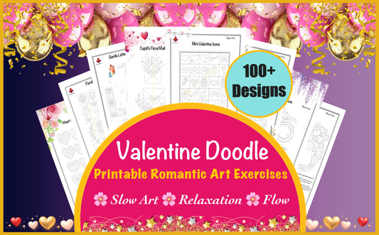 Valentine Doodle Practice Sheets | Printable Heart & Floral Doodles | Zentangle Hearts | Art Worksheets | Mindful Drawing | Digital PDFs
