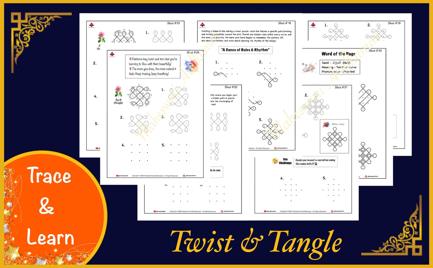 Mindful Loops, Tangled Kolam Practice Templates, Unlock Calm & Creativity with Art (Digital Download), Printable Worksheets, Coloring Sheets