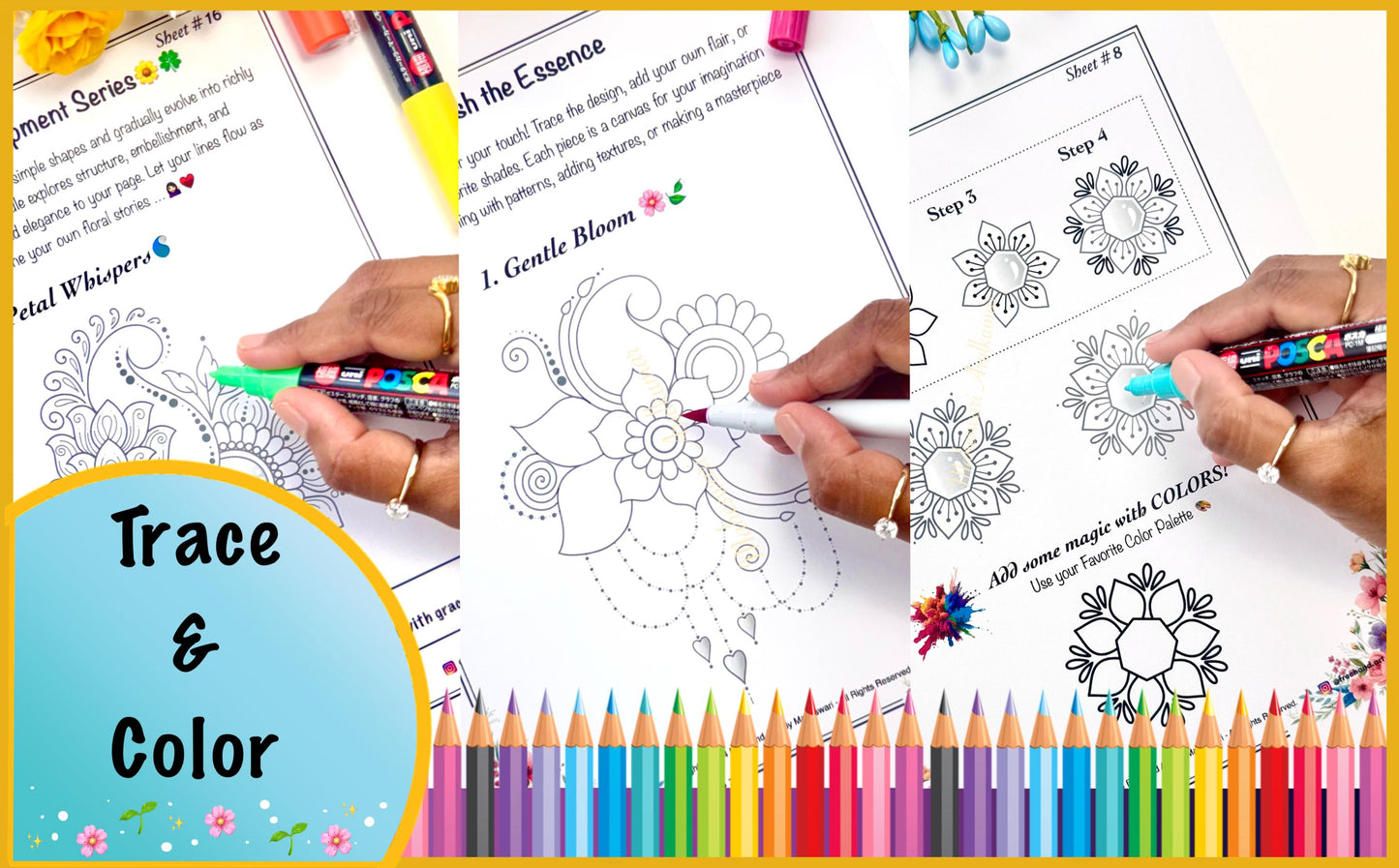 Floral Doodle Practice Sheets [Vol.2] - 25 Pages | Printable Templates | Beginner-Friendly | Mindful Tracing & Coloring | Digital Art