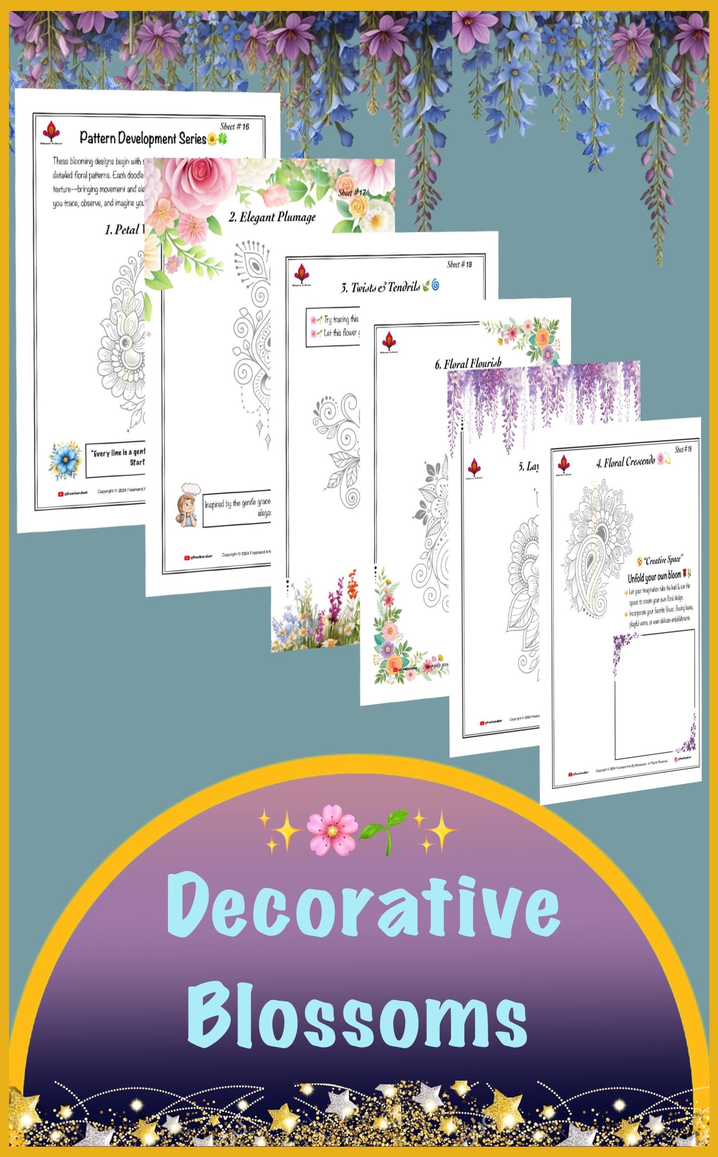 Floral Doodle Practice Sheets [Vol.2] - 25 Pages | Printable Templates | Beginner-Friendly | Mindful Tracing & Coloring | Digital Art