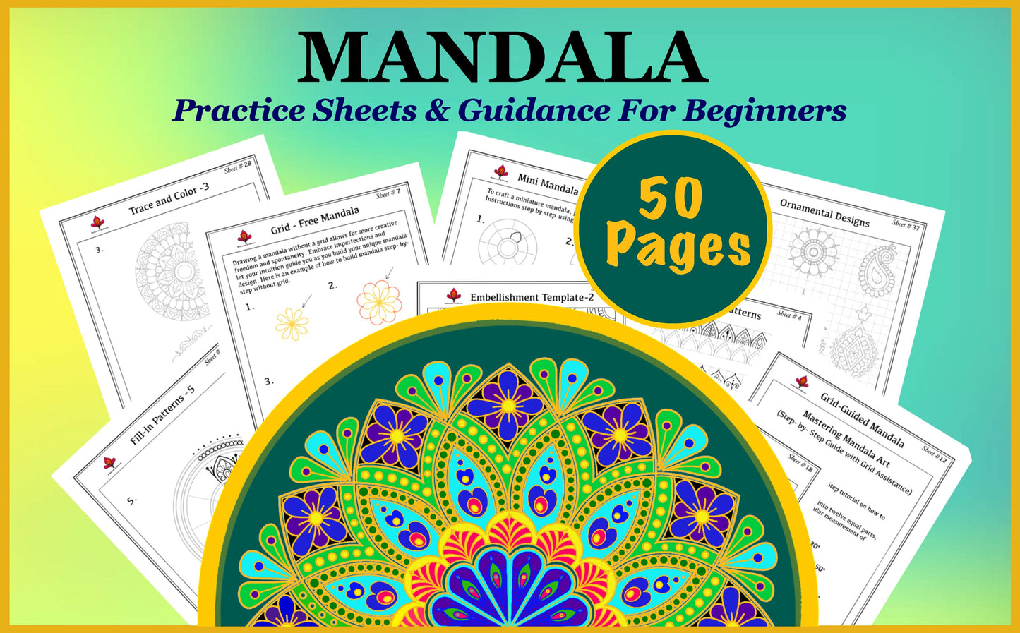 Mandala Guidance, Practice Sheets & Coloring (50 Pages), Learn to draw Mandala Art, Tracing, Digital, Printable Worksheets