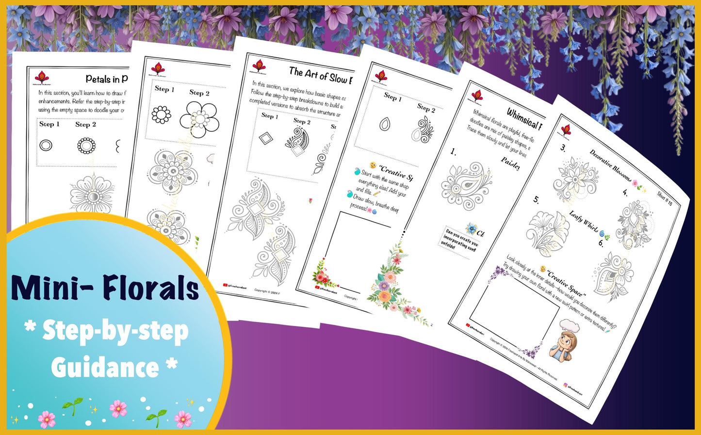 Floral Doodle Practice Sheets [Vol.2] - 25 Pages | Printable Templates | Beginner-Friendly | Mindful Tracing & Coloring | Digital Art