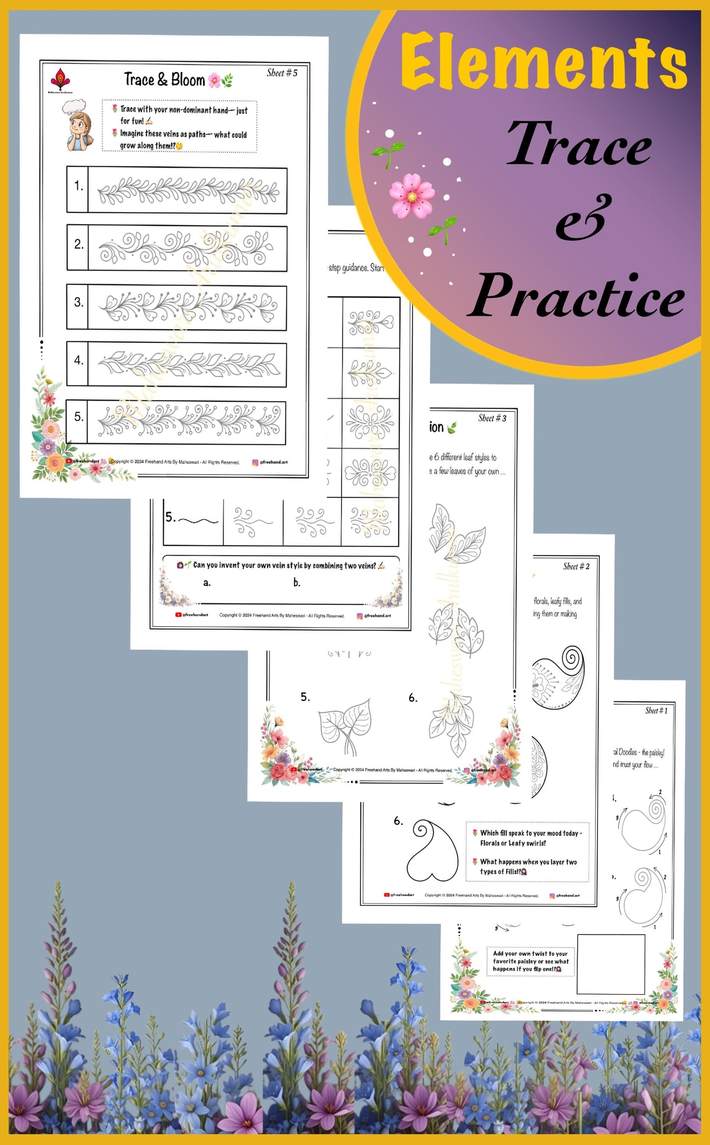 Floral Doodle Practice Sheets [Vol.2] - 25 Pages | Printable Templates | Beginner-Friendly | Mindful Tracing & Coloring | Digital Art
