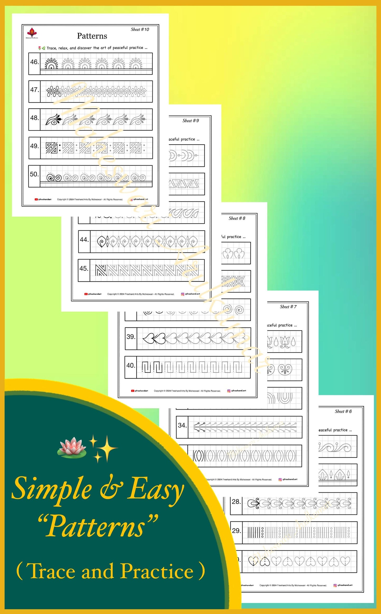 Simple & Beginner-Friendly Pattern Templates for Mindful Tracing and Practicing (Digital Download), Printable Worksheets, Art Therapy,