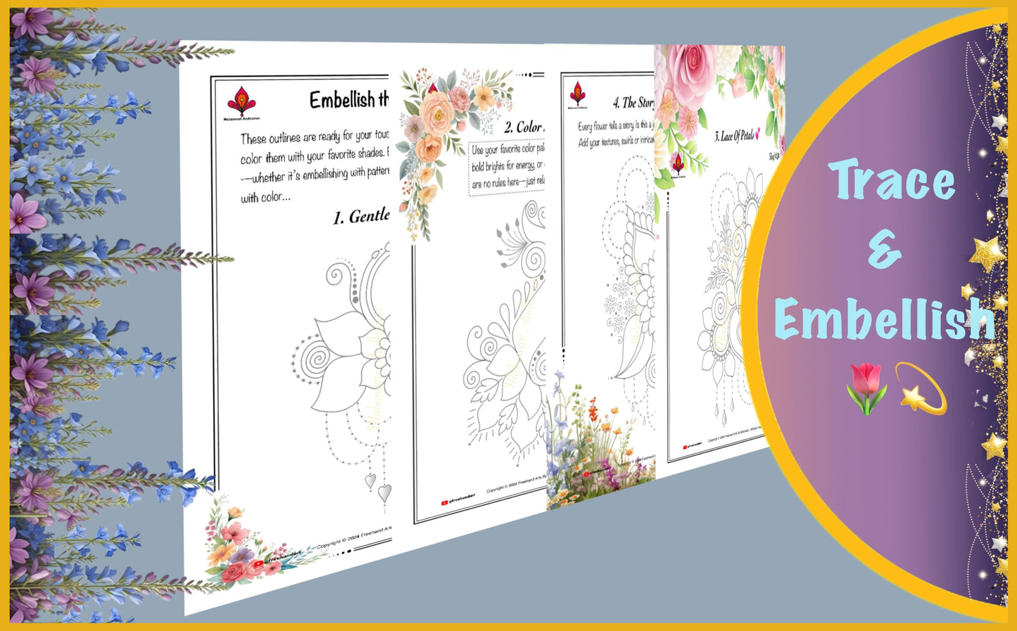 Floral Doodle Practice Sheets [Vol.2] - 25 Pages | Printable Templates | Beginner-Friendly | Mindful Tracing & Coloring | Digital Art